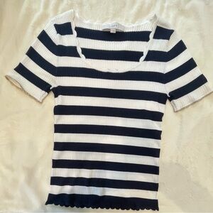 LOFT Women's Navy and White Striped Sweater Top with detailed accents. Small